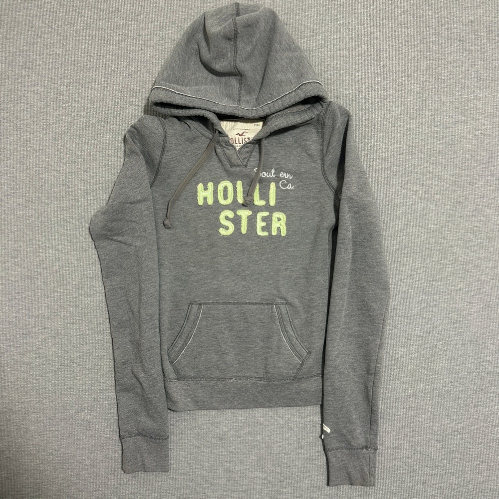 Hollister Pullover Hoodie Lime Green Chenille Logo Gray Womens Size Medium